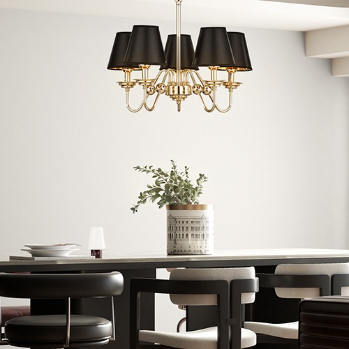 고급스럽고 클래식한 디자인 딜리아니 5등 식탁등 테이블 포인트 샹들리에 페브릭 펜던트 조명 골드